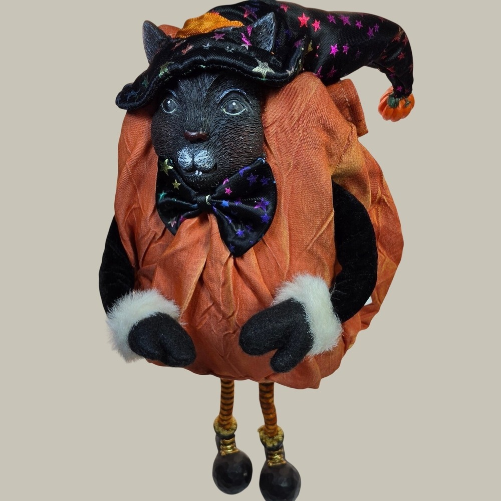 Halloween Black Cat Pumpkin Figurine Wizard Hat Star Bow Tie Folk Art 14 Inch